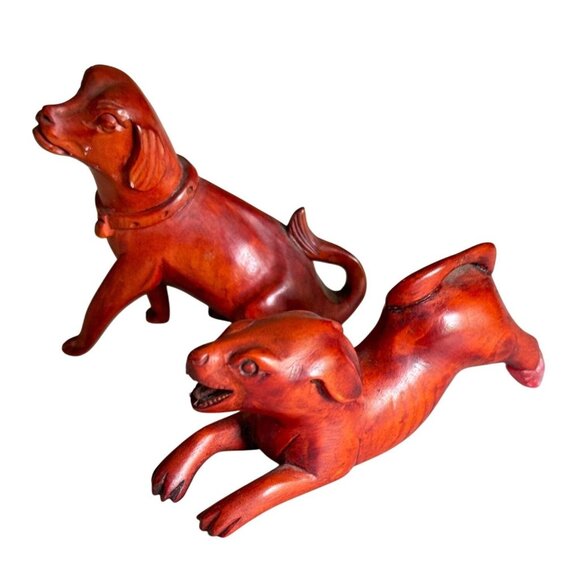 Netsuke Other - Vintage Boxwood Hand-Carved Japanese Netsuke Dogs - Sitting & Playful Poses